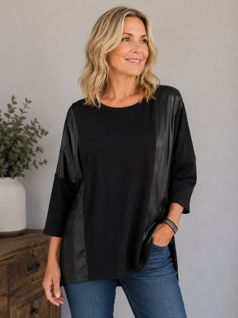 IC by Connie K Black Faux Leather Panel Mixed Media Top Women's Large